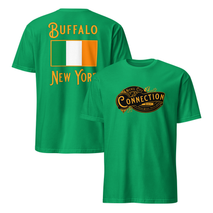 Green tshirt. Nickel city connection design on front and Irish flag on back.