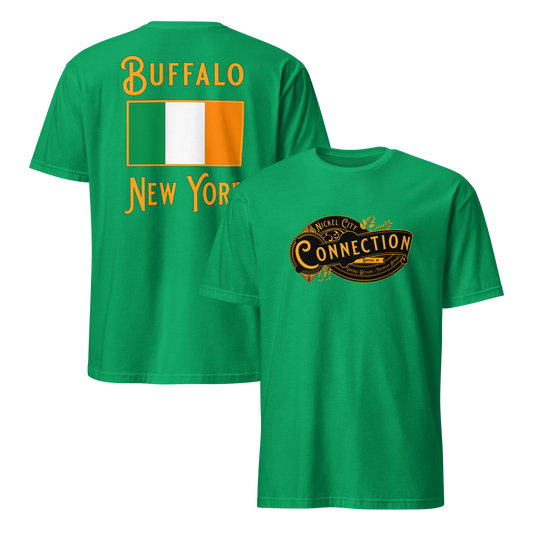 Green tshirt. Nickel city connection design on front and Irish flag on back.