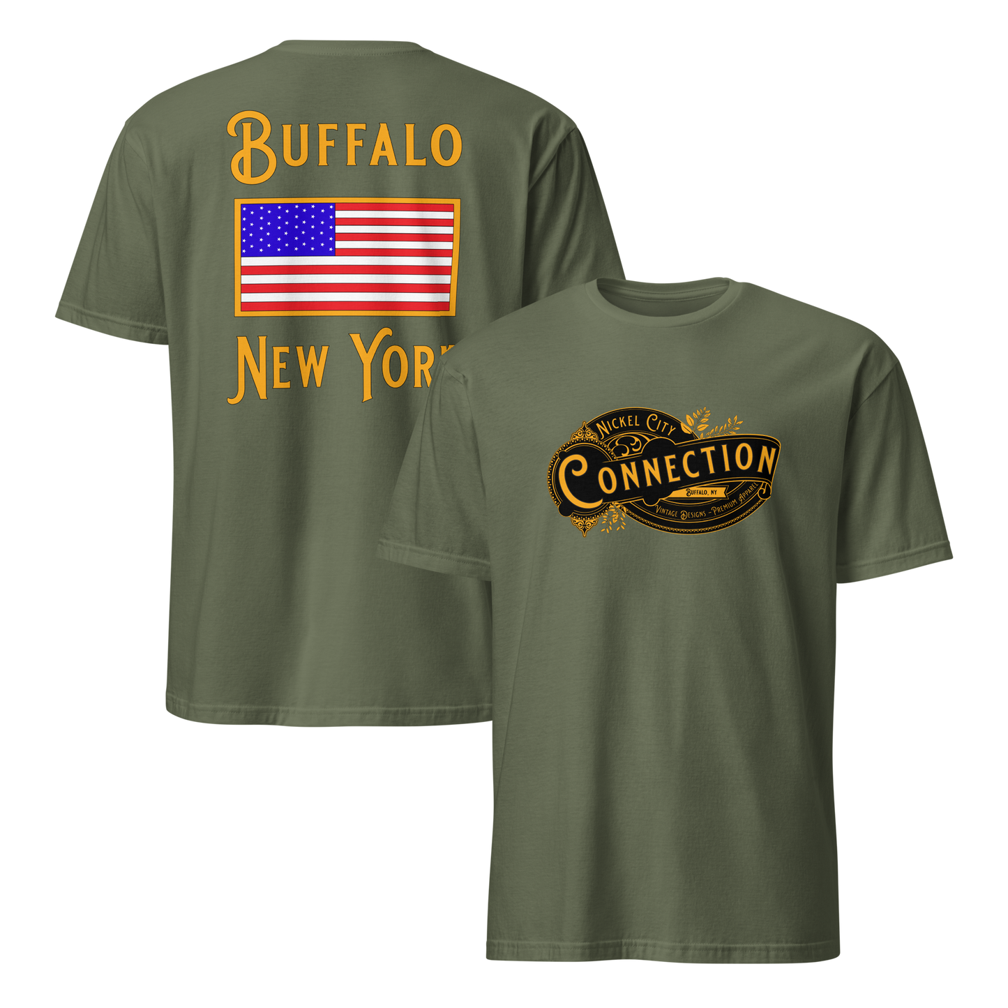 Military Green tshirt. Nickel city connection design on front and US flag on back.