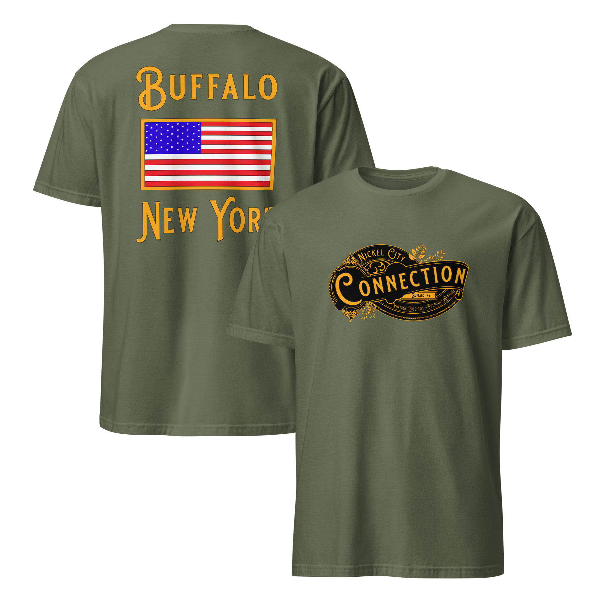 Military Green tshirt. Nickel city connection design on front and US flag on back.