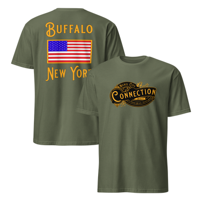 Military Green tshirt. Nickel city connection design on front and US flag on back.