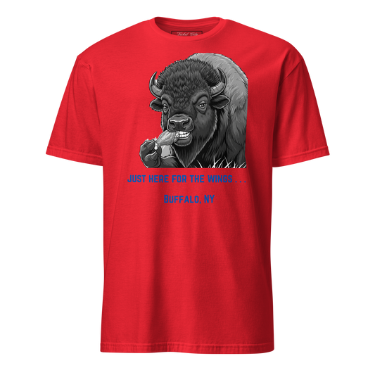 Buffalo eating a chicken wings with caption underneath "Just here for the wings . . .". On red shirt.