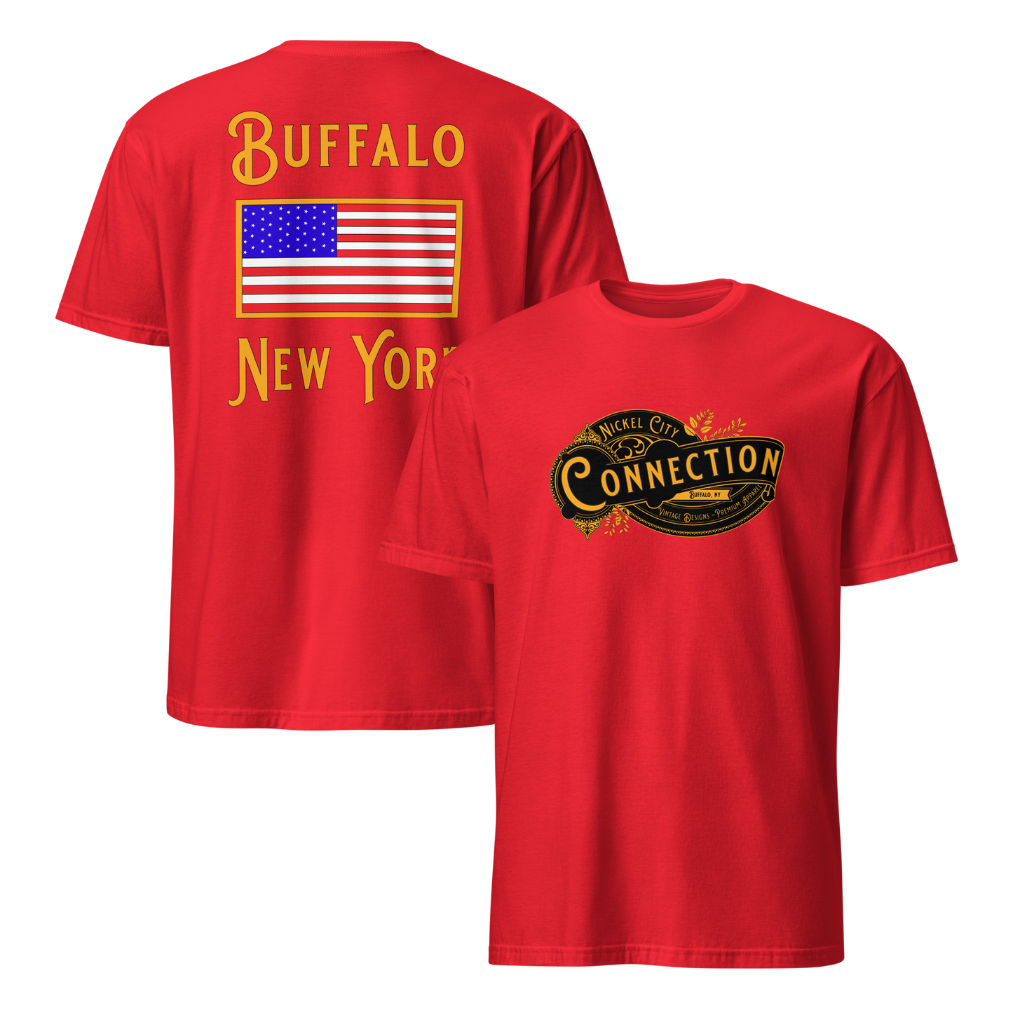 Red tshirt. Nickel city connection design on front and US flag on back.
