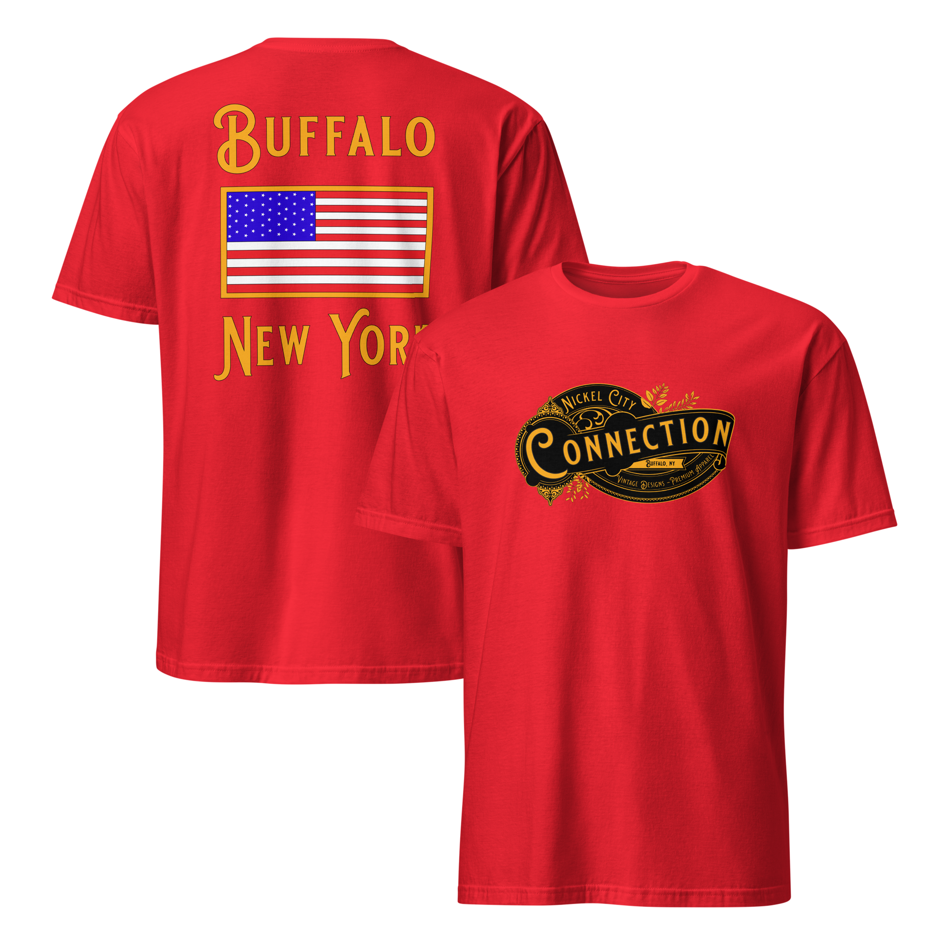 Red tshirt. Nickel city connection design on front and US flag on back.