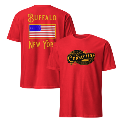 Red tshirt. Nickel city connection design on front and US flag on back.