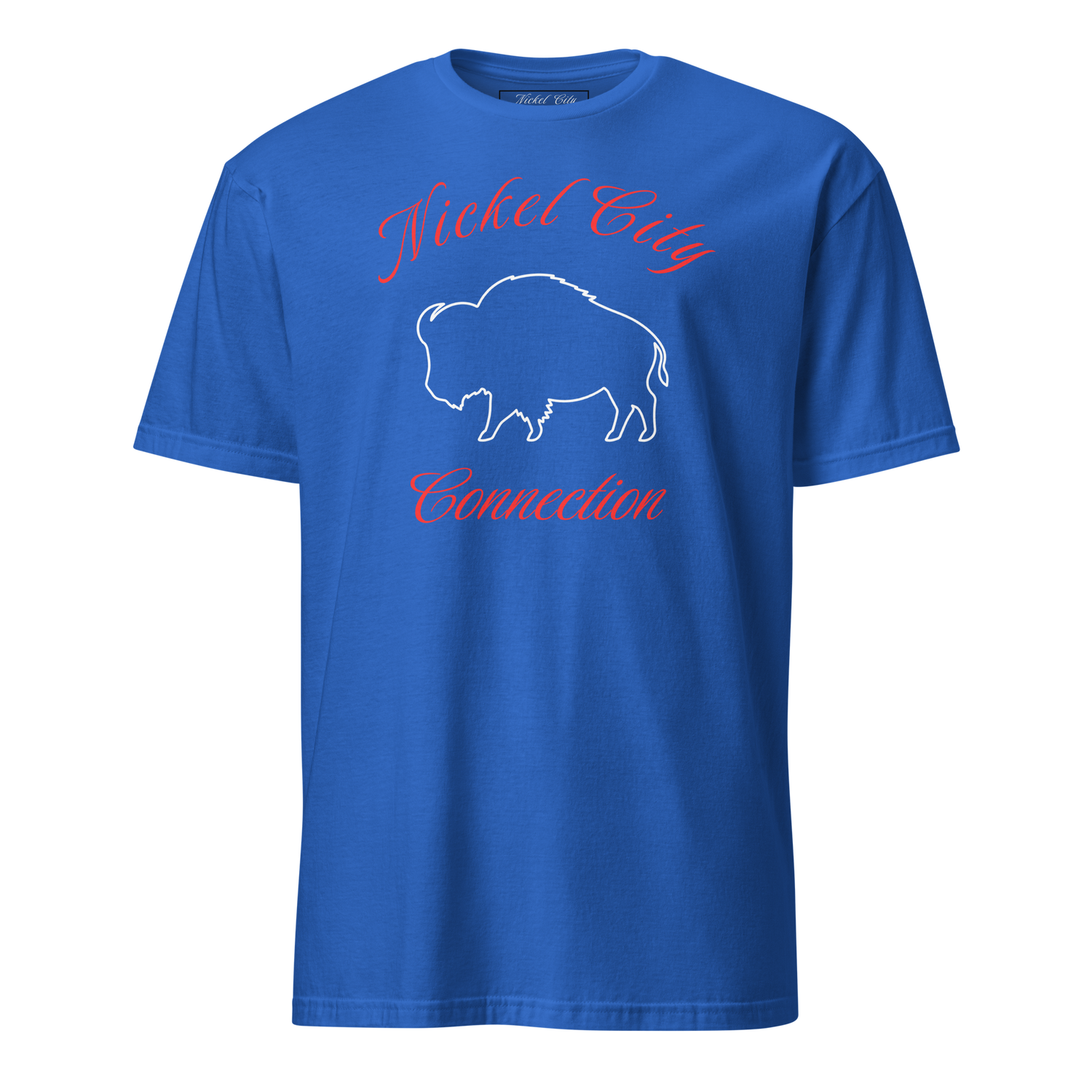 Nickel City Connection in red letters with a white buffalo. All of this is on a blue t-shirt. 