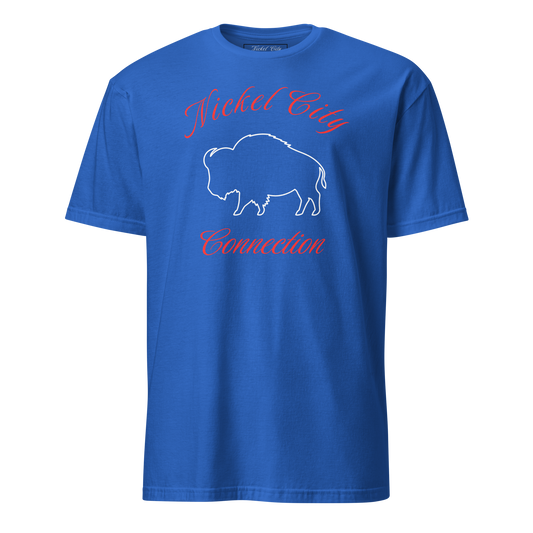Nickel City Connection in red letters with a white buffalo. All of this is on a blue t-shirt. 