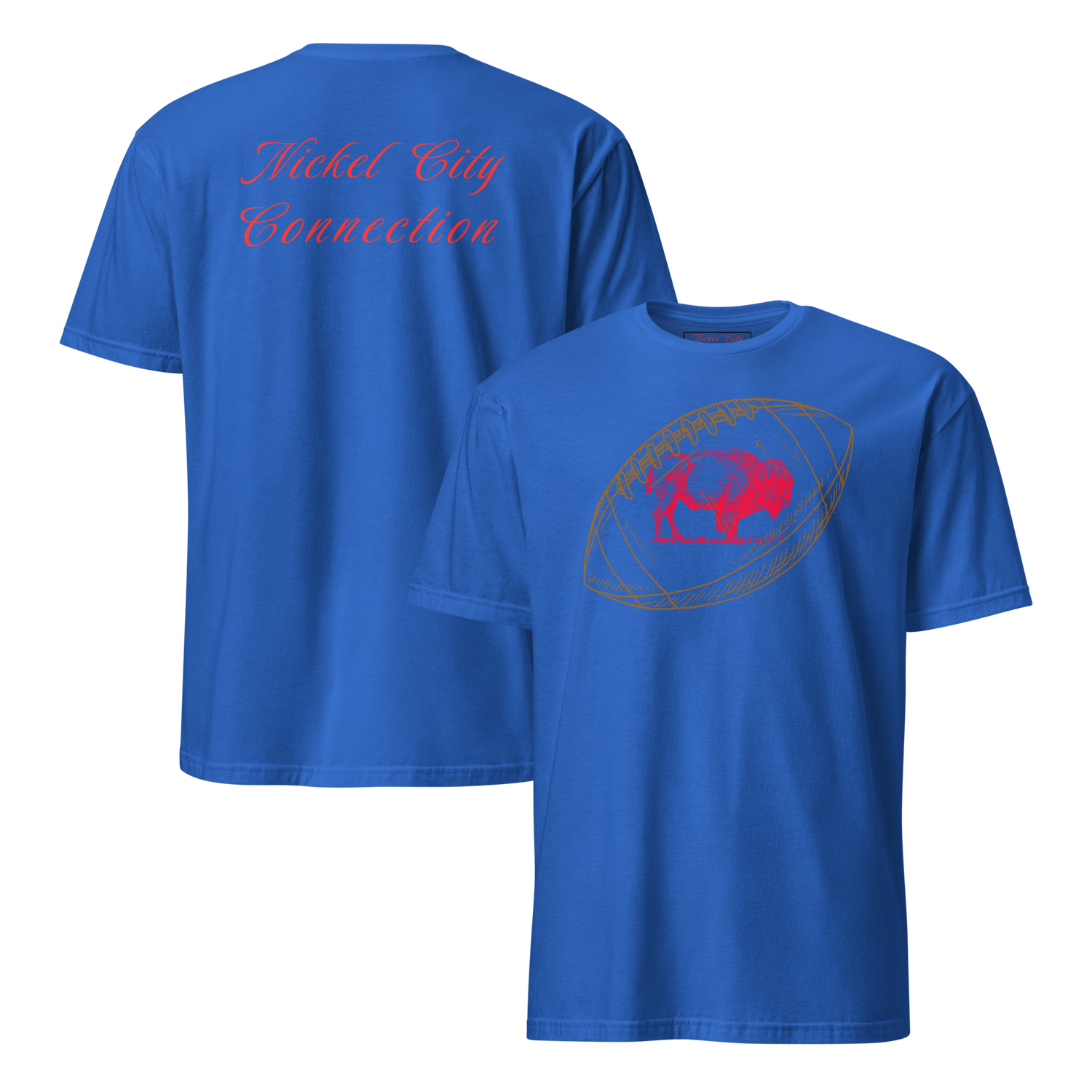 Blue shirt with words Nickel City Connection in red on back. On front, a brown football with red buffalo in the middle.