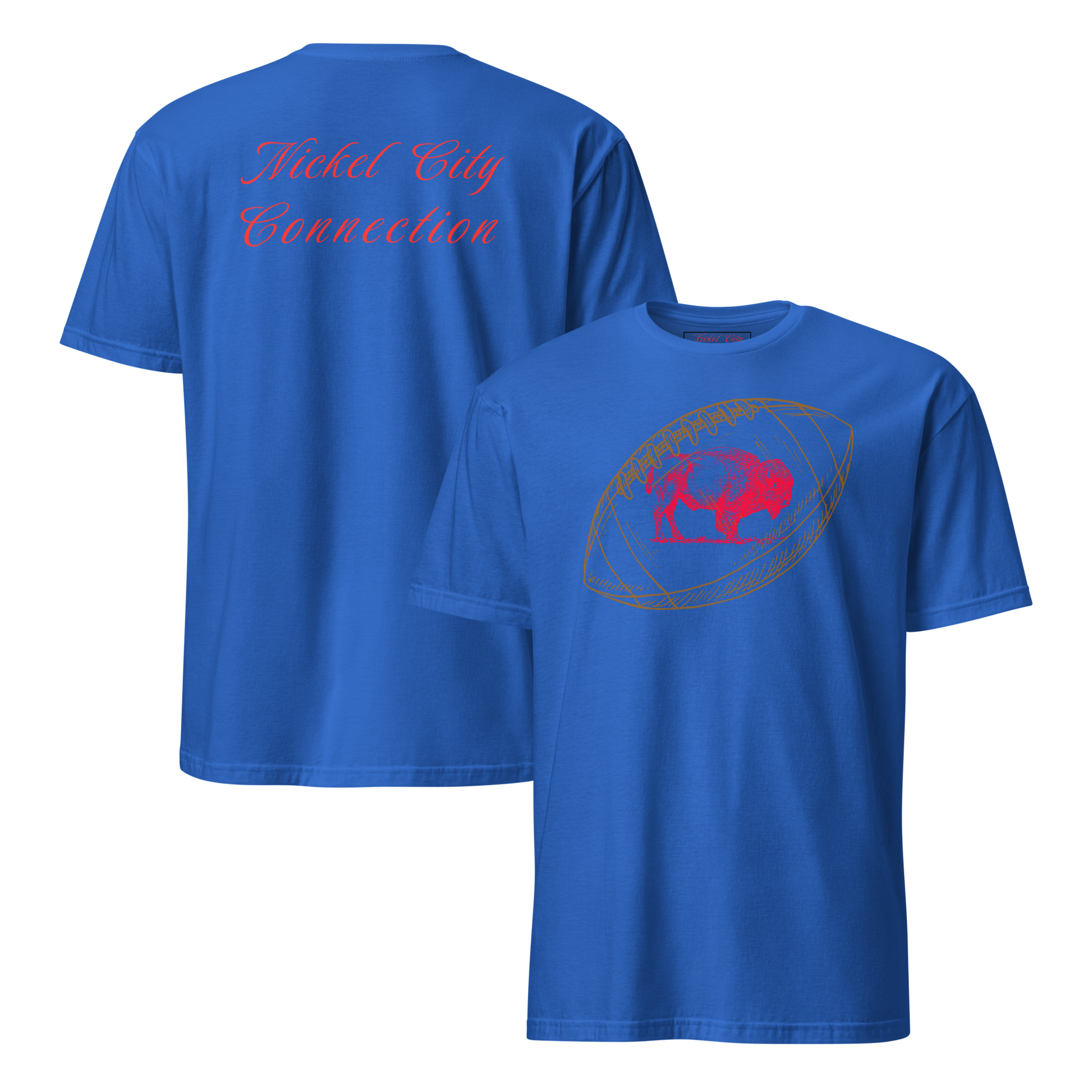 Blue shirt with words Nickel City Connection in red on back. On front, a brown football with red buffalo in the middle.