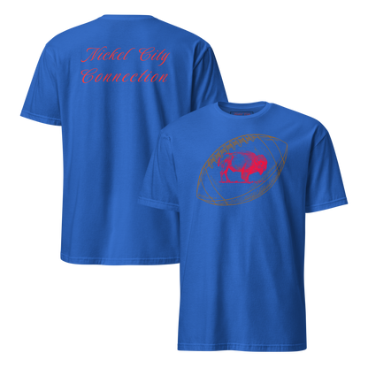 Blue shirt with words Nickel City Connection in red on back. On front, a brown football with red buffalo in the middle.