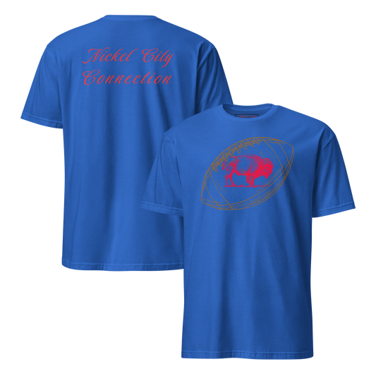 Blue shirt with words Nickel City Connection in red on back. On front, a brown football with red buffalo in the middle.
