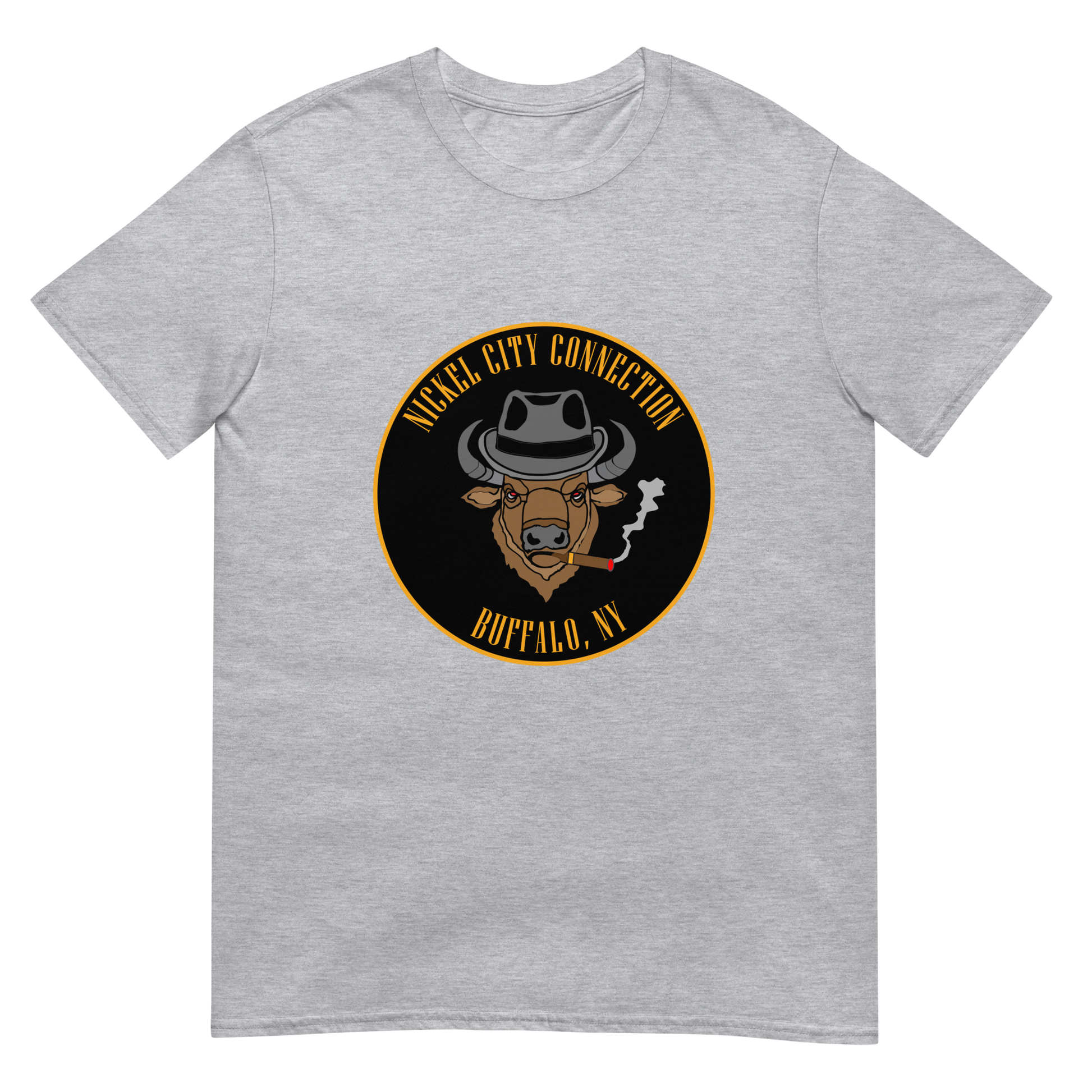 Grey t-shirt with a Logo featuring a stylized bison head wearing a fedora, smoking a cigar with visible smoke. The circular design includes bold gold text reading 'Nickel City Connection' at the top and 'Buffalo, NY' at the bottom, outlined in gold against a black background.