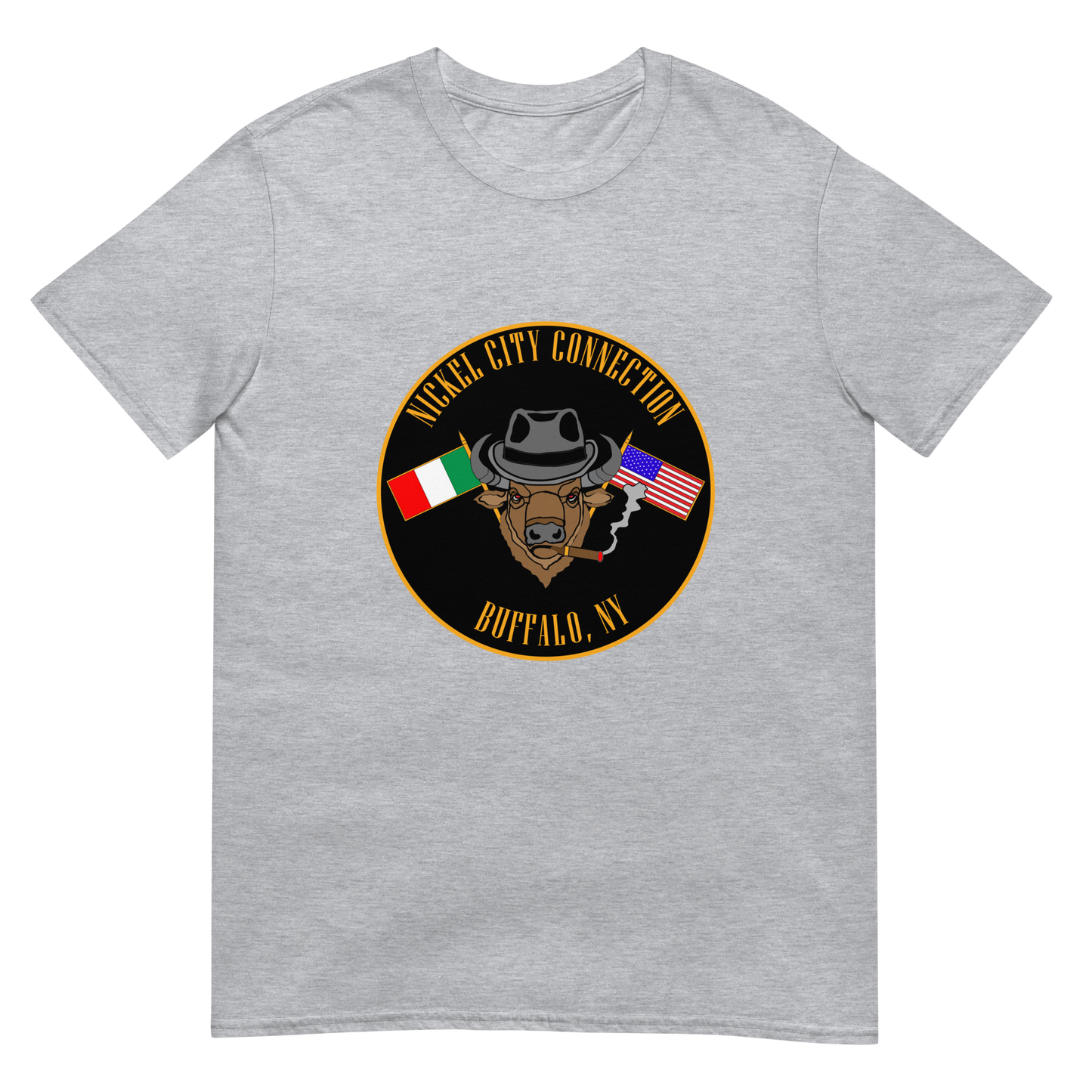 Grey T-Shirt  with  Bison smoking a cigar and the Italian and U.S. Flags crossed.