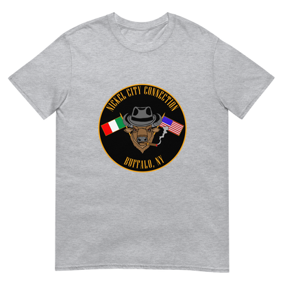 Grey T-Shirt  with  Bison smoking a cigar and the Italian and U.S. Flags crossed.