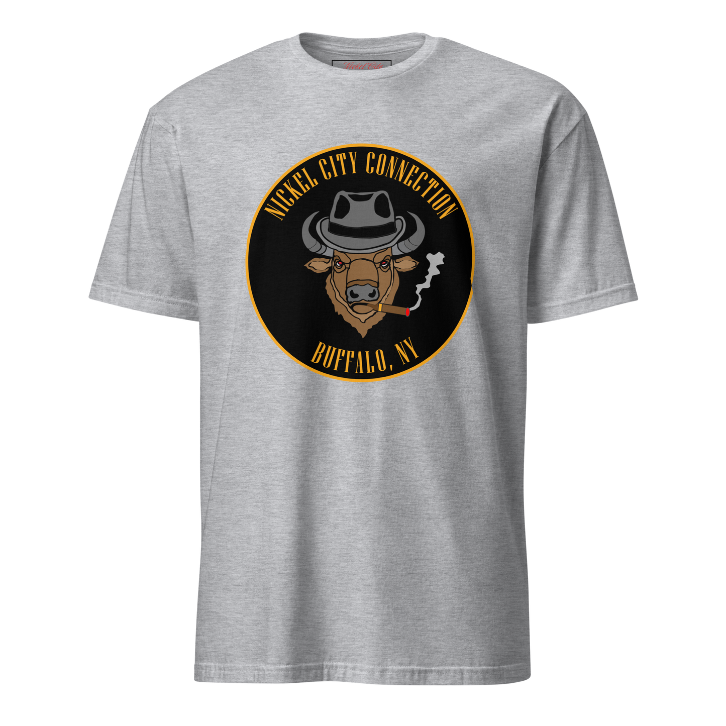 Grey t-shirt with a Logo featuring a stylized bison head wearing a fedora, smoking a cigar with visible smoke. The circular design includes bold gold text reading 'Nickel City Connection' at the top and 'Buffalo, NY' at the bottom, outlined in gold against a black background.