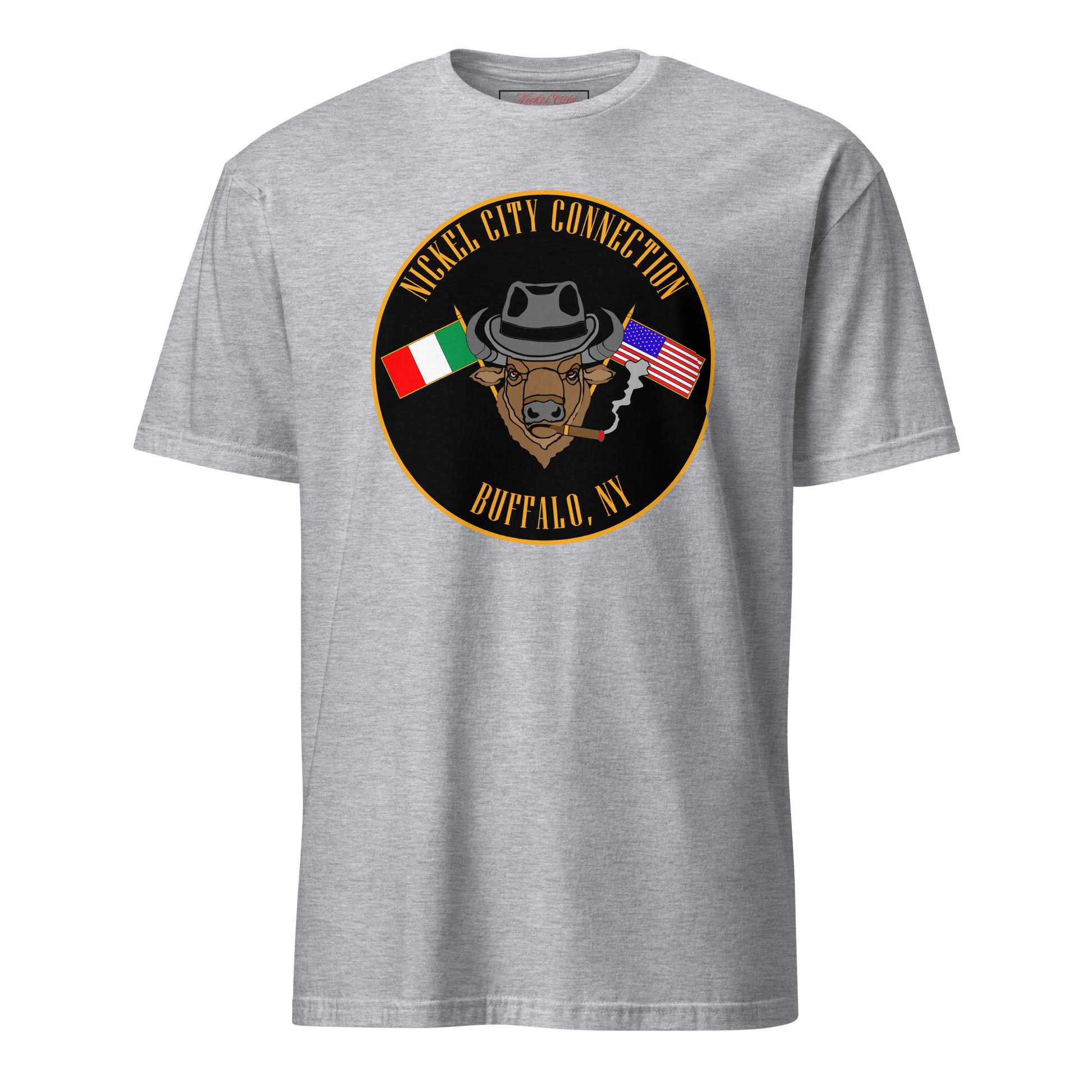 Grey T-Shirt  with  Bison smoking a cigar and the Italian and U.S. Flags crossed.