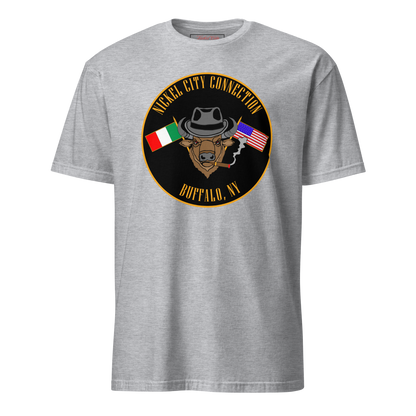 Grey T-Shirt  with  Bison smoking a cigar and the Italian and U.S. Flags crossed.