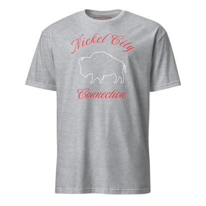 Nickel City Connection in red letters with a white buffalo. All of this is on a Grey t-shirt. 