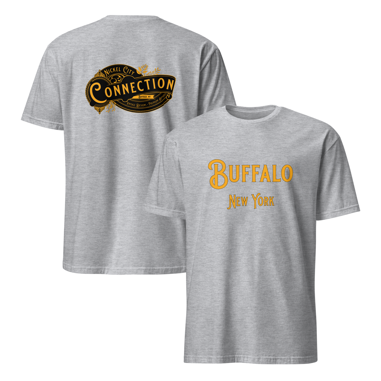Grey tshirt. Buffalo, NY on front and Nickel City Connection on back.
