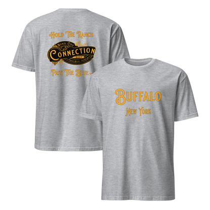 Grey t-shirt. Nickel city connection design with the words "hold the ranch pass the blue" on back. Buffalo New York on front.