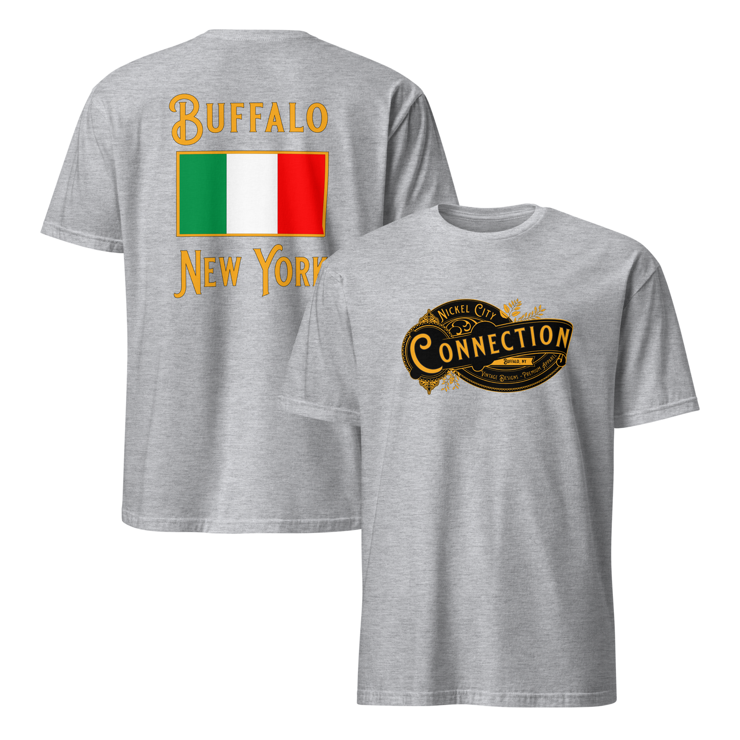 Grey tshirt. Nickel city connection design on front and Italian flag on back.