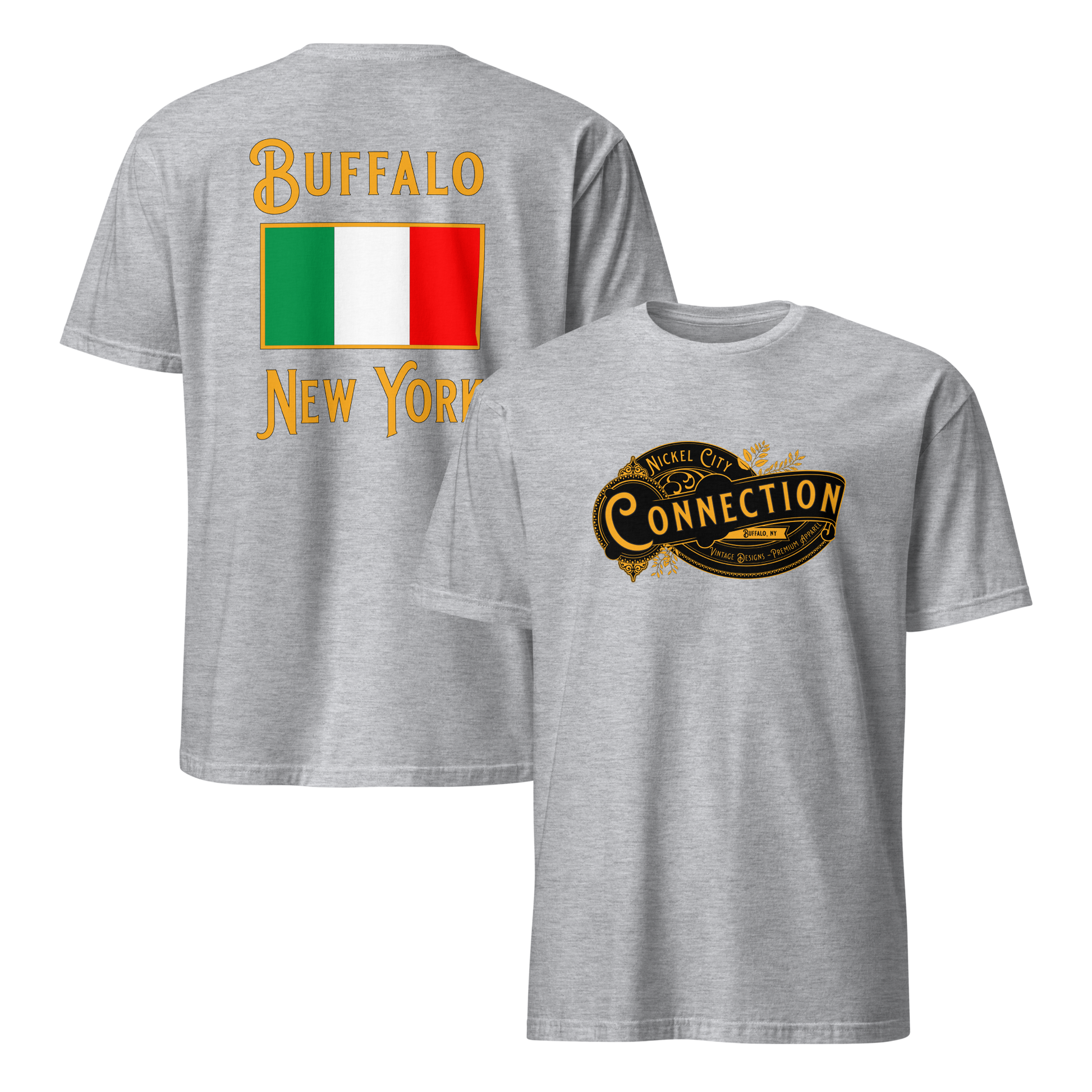Grey tshirt. Nickel city connection design on front and Italian flag on back.