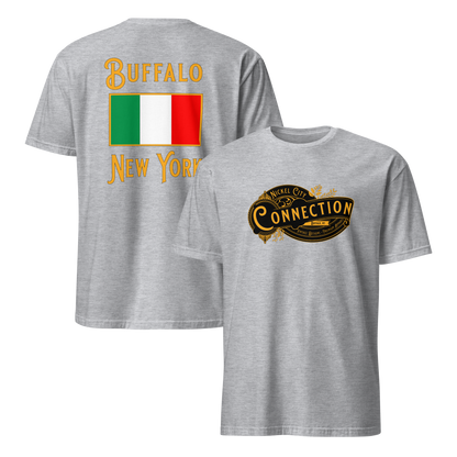 Grey tshirt. Nickel city connection design on front and Italian flag on back.