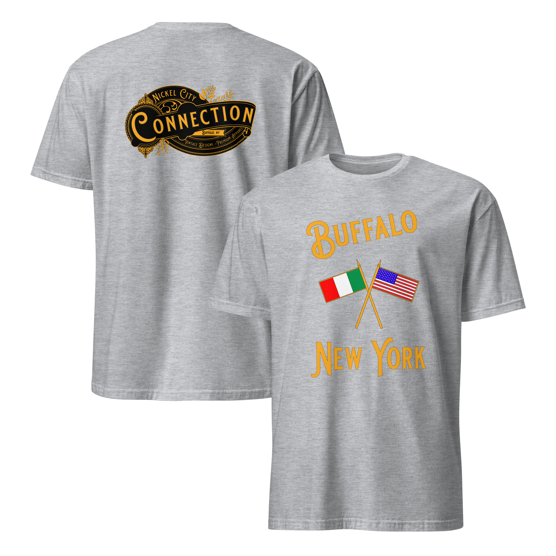 Grey t-shirt. Nickel City Connection written on back and Italian and US flag on front with the words Buffalo New York.