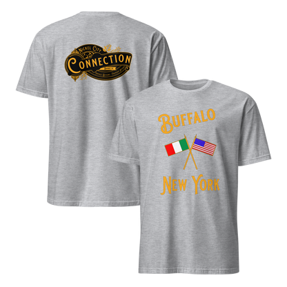 Grey t-shirt. Nickel City Connection written on back and Italian and US flag on front with the words Buffalo New York.