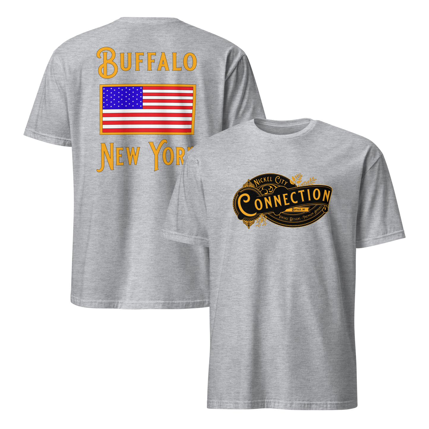Grey tshirt. Nickel city connection design on front and US flag on back.