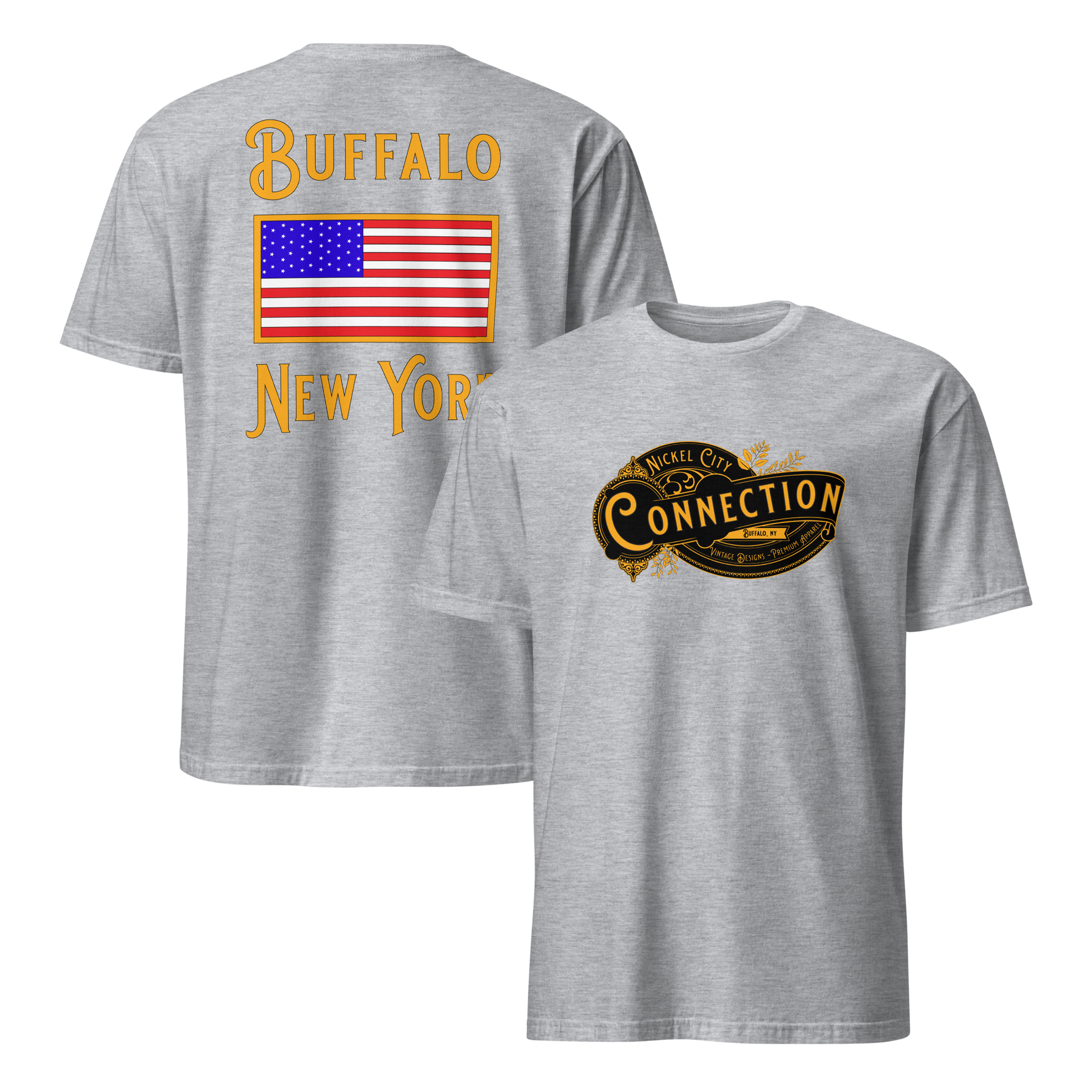 Grey tshirt. Nickel city connection design on front and US flag on back.