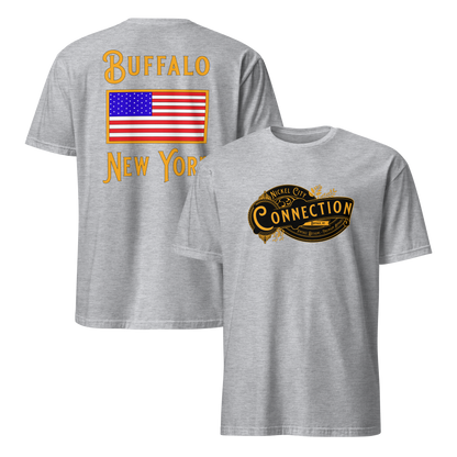 Grey tshirt. Nickel city connection design on front and US flag on back.
