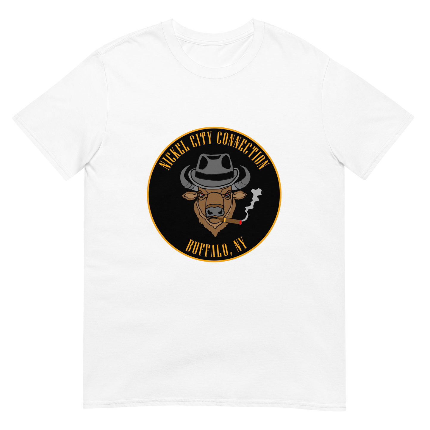 White t-shirt with a Logo featuring a stylized bison head wearing a fedora, smoking a cigar with visible smoke. The circular design includes bold gold text reading 'Nickel City Connection' at the top and 'Buffalo, NY' at the bottom, outlined in gold against a black background.