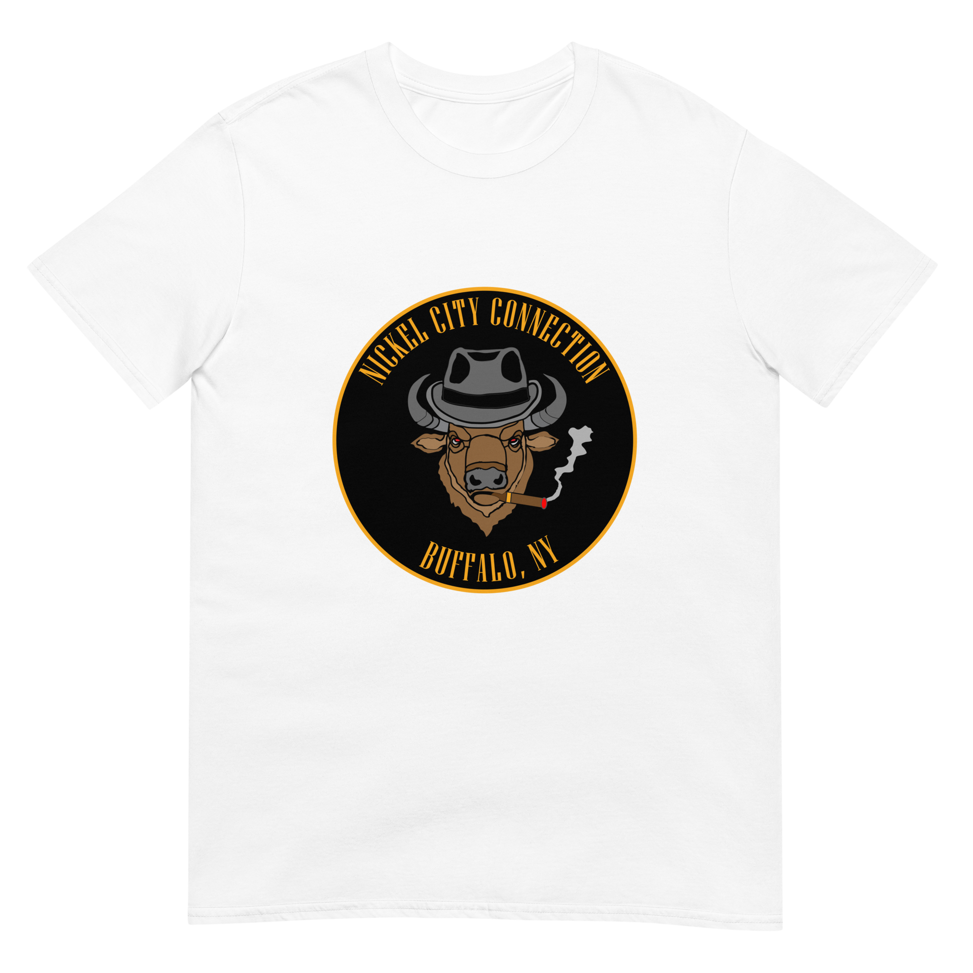 White t-shirt with a Logo featuring a stylized bison head wearing a fedora, smoking a cigar with visible smoke. The circular design includes bold gold text reading 'Nickel City Connection' at the top and 'Buffalo, NY' at the bottom, outlined in gold against a black background.