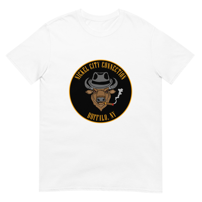 White t-shirt with a Logo featuring a stylized bison head wearing a fedora, smoking a cigar with visible smoke. The circular design includes bold gold text reading 'Nickel City Connection' at the top and 'Buffalo, NY' at the bottom, outlined in gold against a black background.