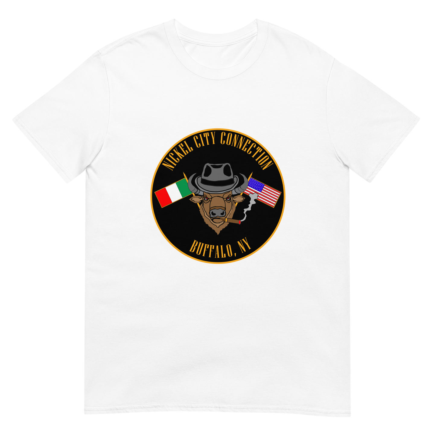White T-Shirt  with  Bison smoking a cigar and the Italian and U.S. Flags crossed.