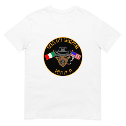 White T-Shirt  with  Bison smoking a cigar and the Italian and U.S. Flags crossed.