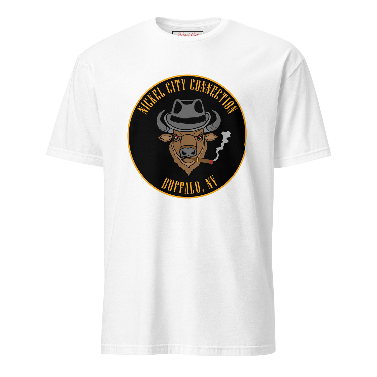 White t-shirt with a Logo featuring a stylized bison head wearing a fedora, smoking a cigar with visible smoke. The circular design includes bold gold text reading 'Nickel City Connection' at the top and 'Buffalo, NY' at the bottom, outlined in gold against a black background.