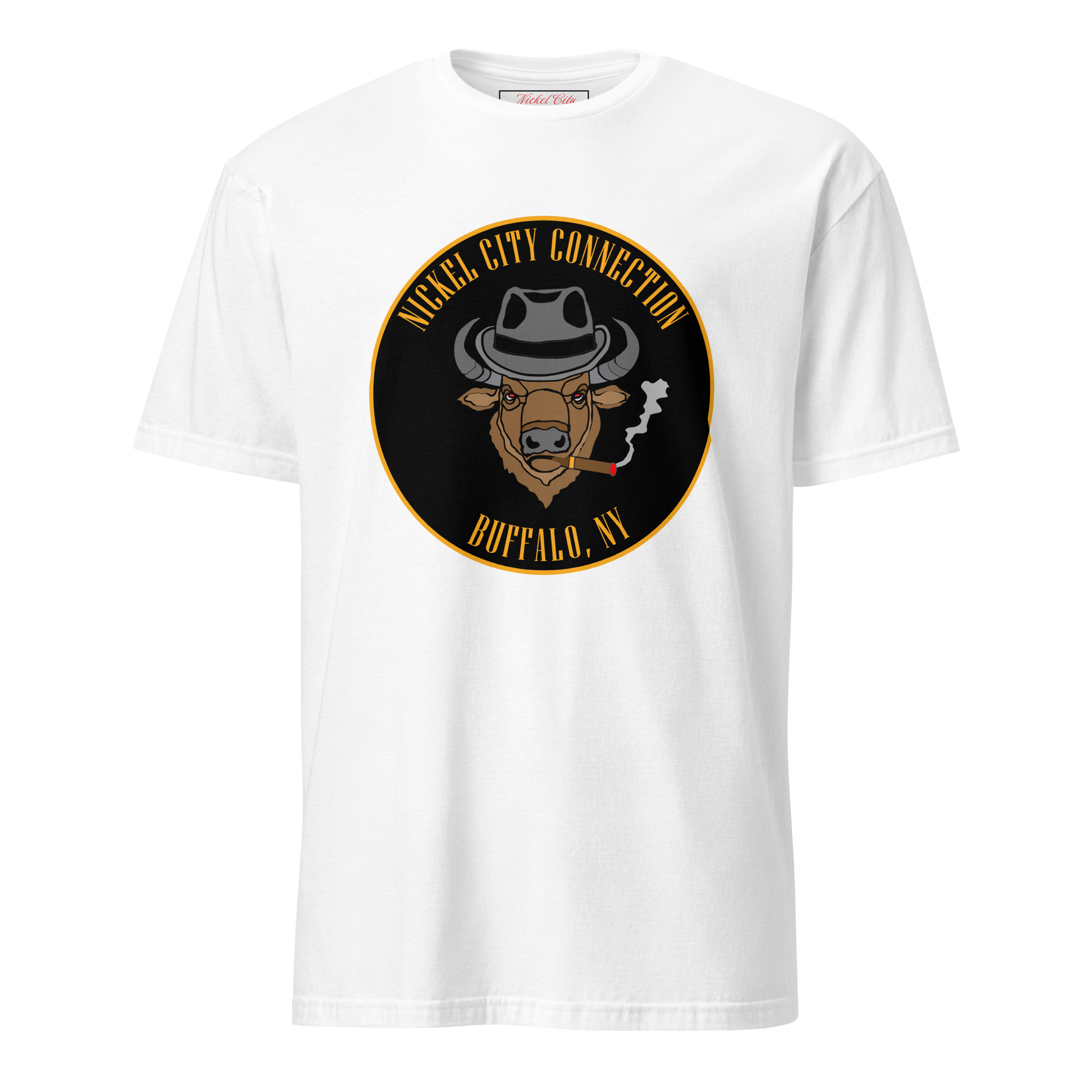 White t-shirt with a Logo featuring a stylized bison head wearing a fedora, smoking a cigar with visible smoke. The circular design includes bold gold text reading 'Nickel City Connection' at the top and 'Buffalo, NY' at the bottom, outlined in gold against a black background.
