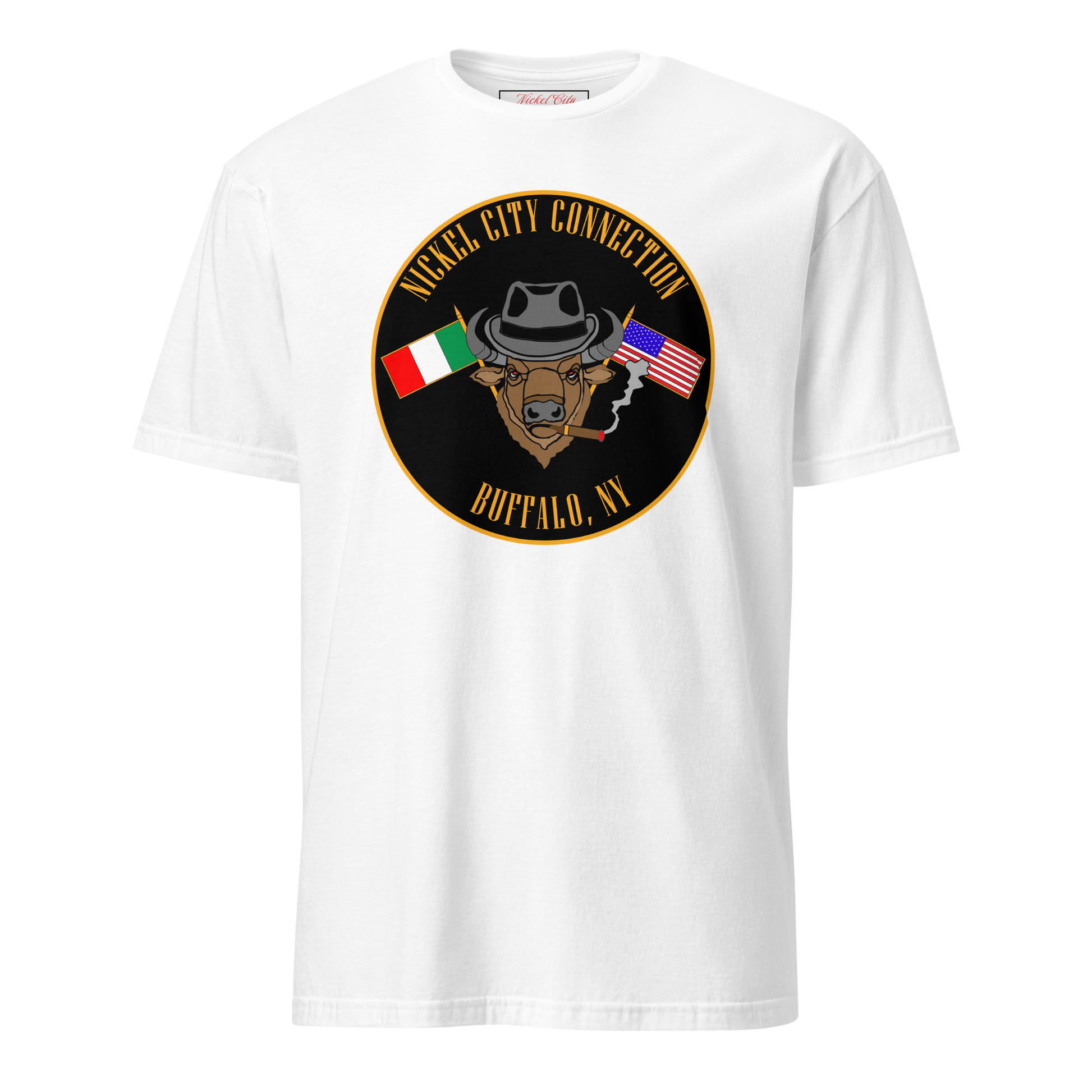 
White T-Shirt  with  Bison smoking a cigar and the Italian and U.S. Flags crossed.