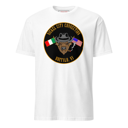 
White T-Shirt  with  Bison smoking a cigar and the Italian and U.S. Flags crossed.