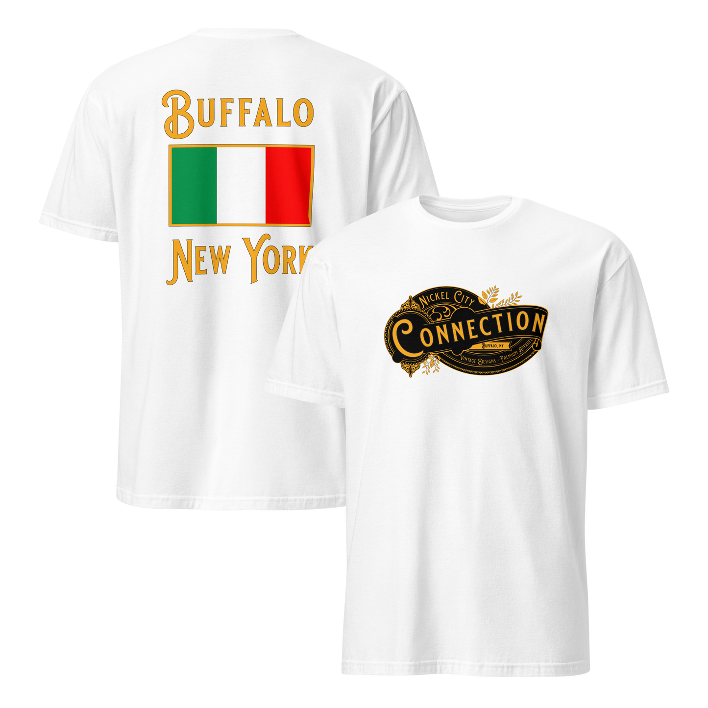 White tshirt. Nickel city connection design on front and Italian flag on back.