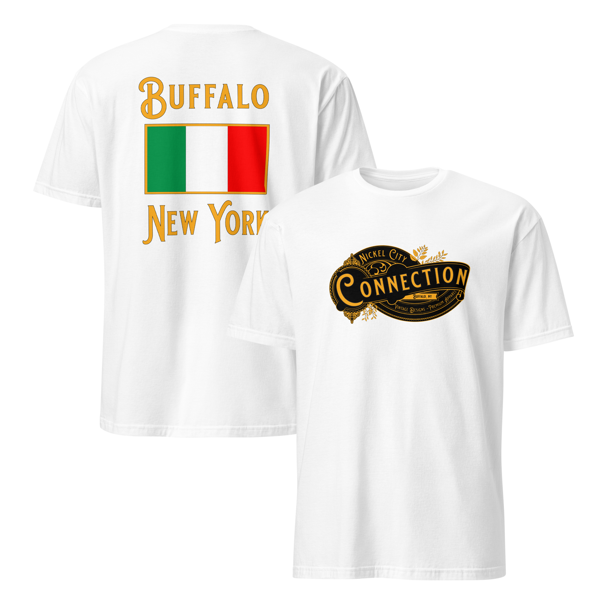 White tshirt. Nickel city connection design on front and Italian flag on back.