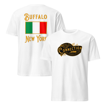 White tshirt. Nickel city connection design on front and Italian flag on back.