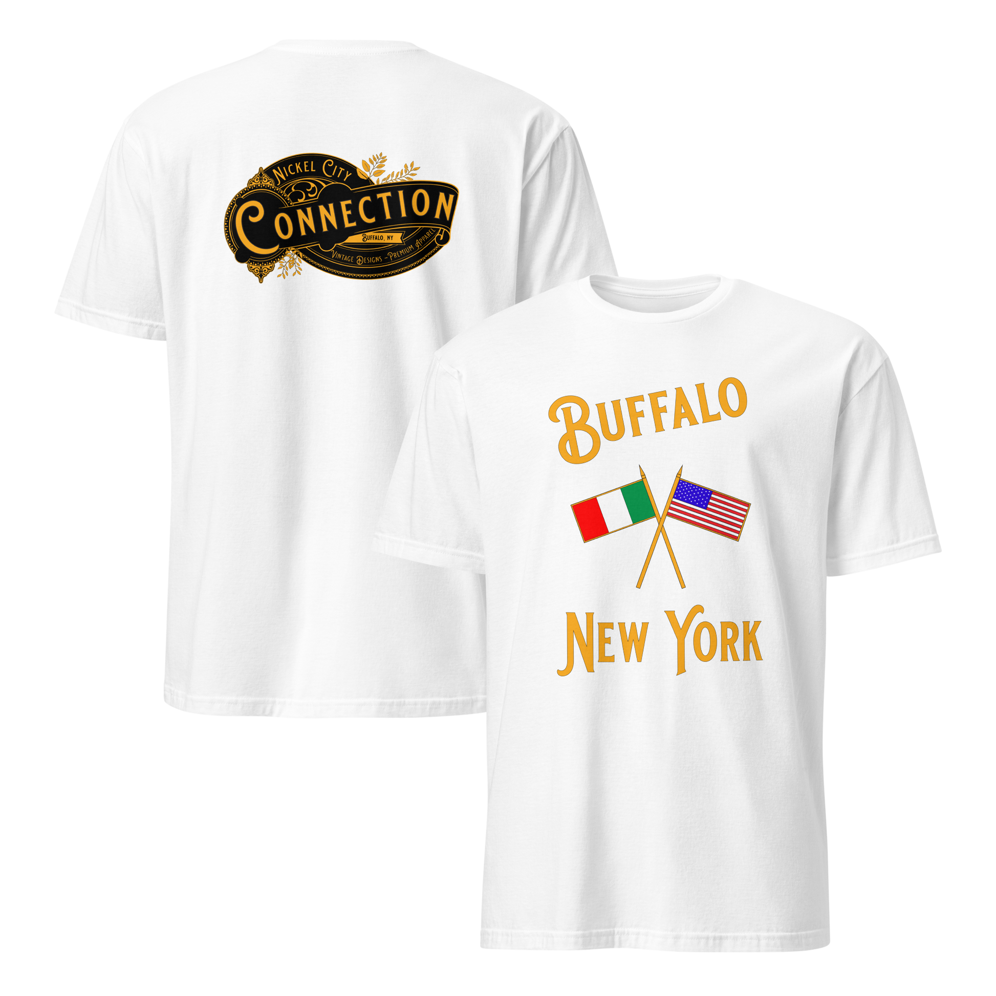 White t-shirt. Nickel City Connection written on back and Italian and US flag on front with the words Buffalo New York.