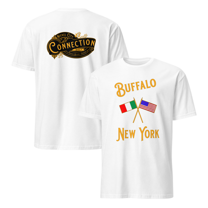 White t-shirt. Nickel City Connection written on back and Italian and US flag on front with the words Buffalo New York.