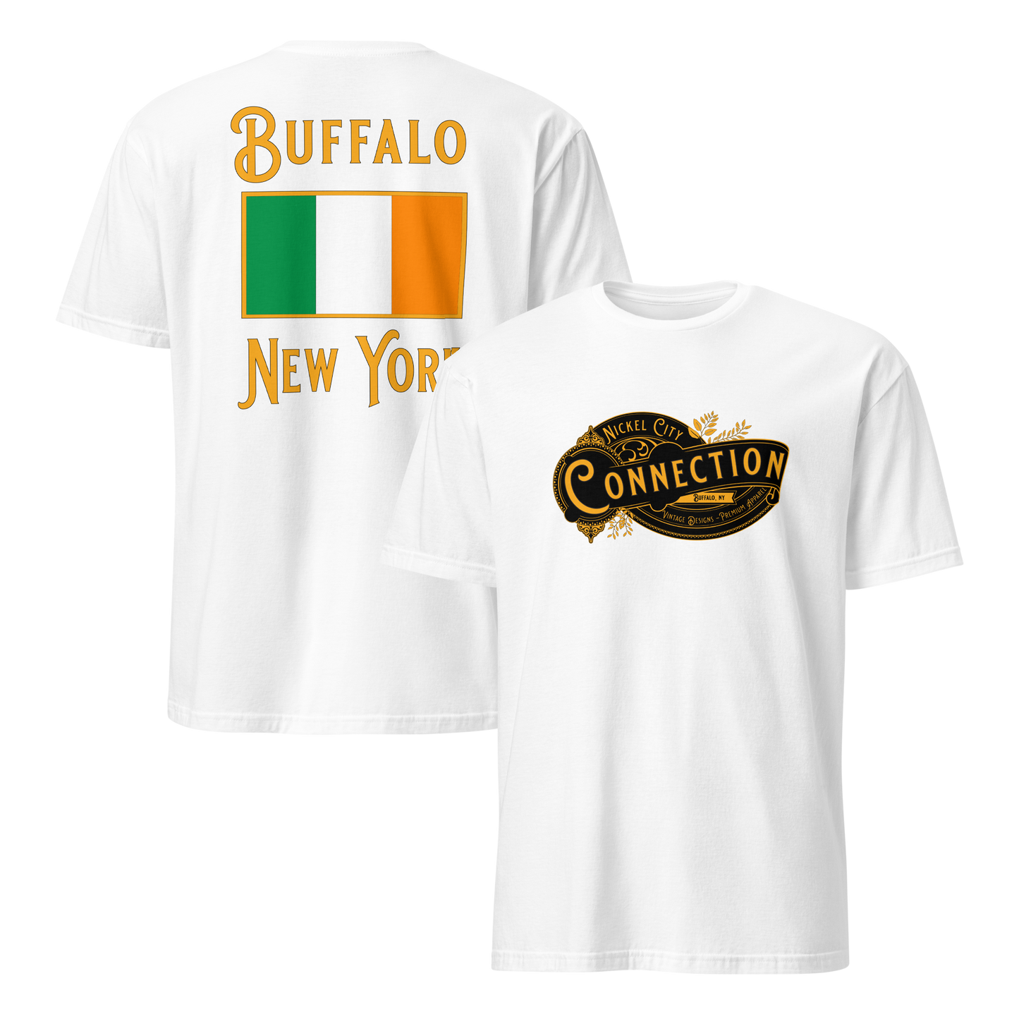 White tshirt. Nickel city connection design on front 