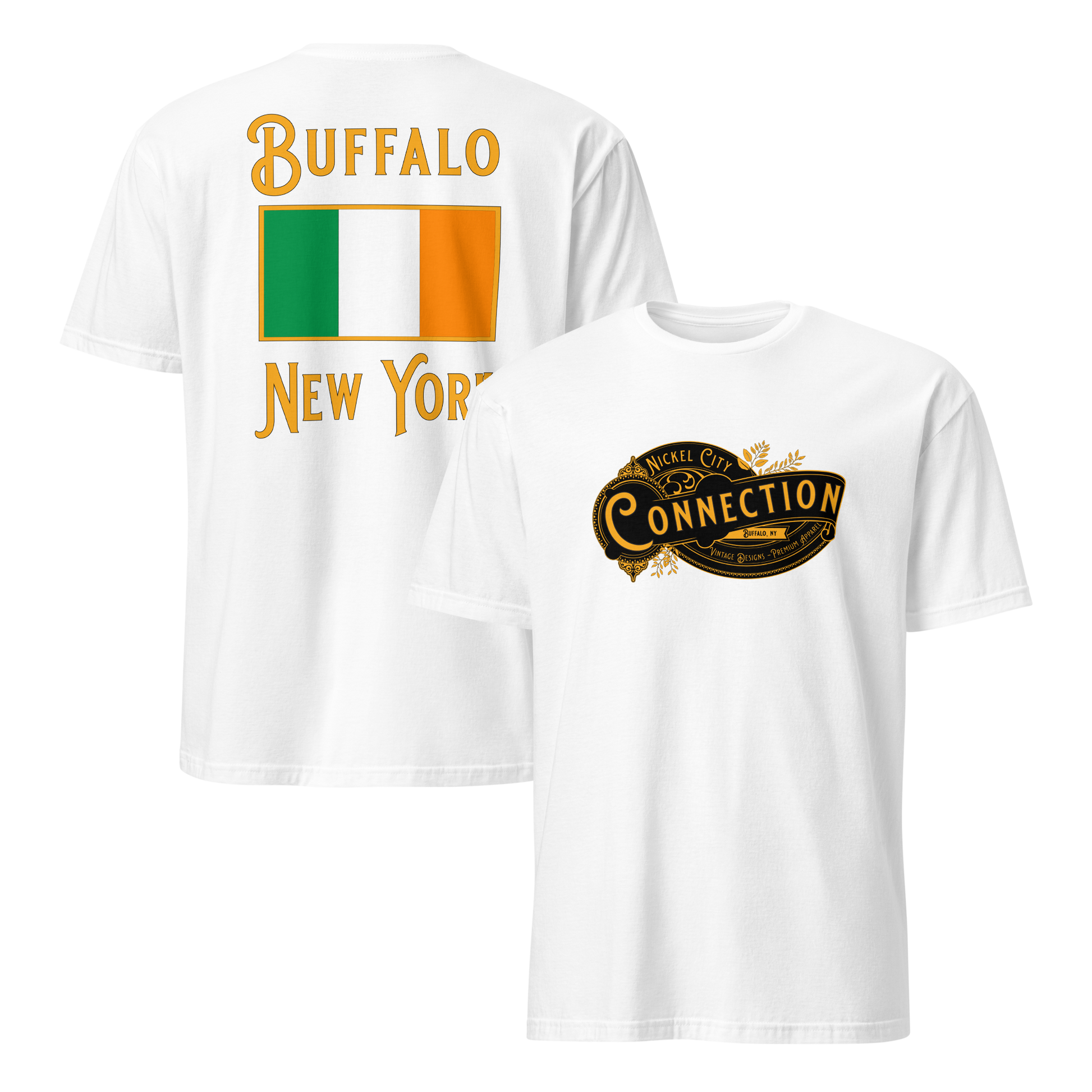 White tshirt. Nickel city connection design on front 