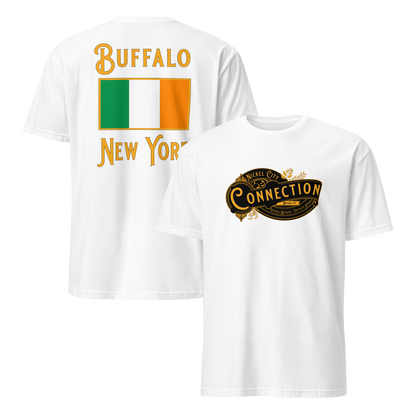 White tshirt. Nickel city connection design on front 