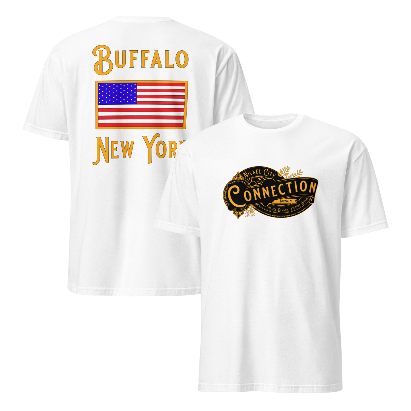 White  tshirt. Nickel city connection design on front and US flag on back.